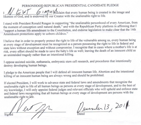 Gingrich personhood pledge